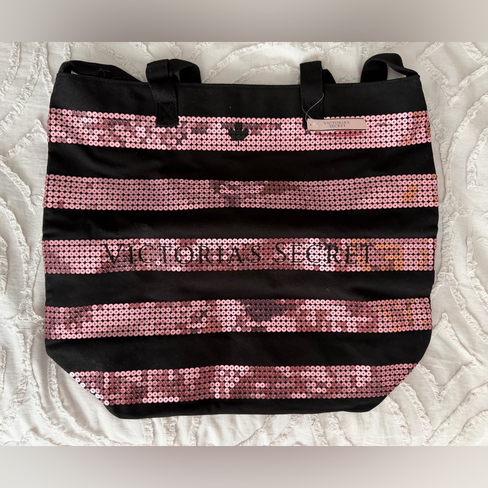 Victoria's Secret Black & Pink Sequin Stripe Tote with Zipper NWT